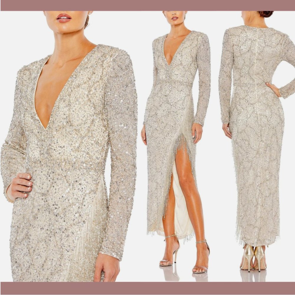 NWT $798‎ Mac Duggal [ 6 ] Embellished Long Sleeve V Neck Beaded Hem Gown Q637